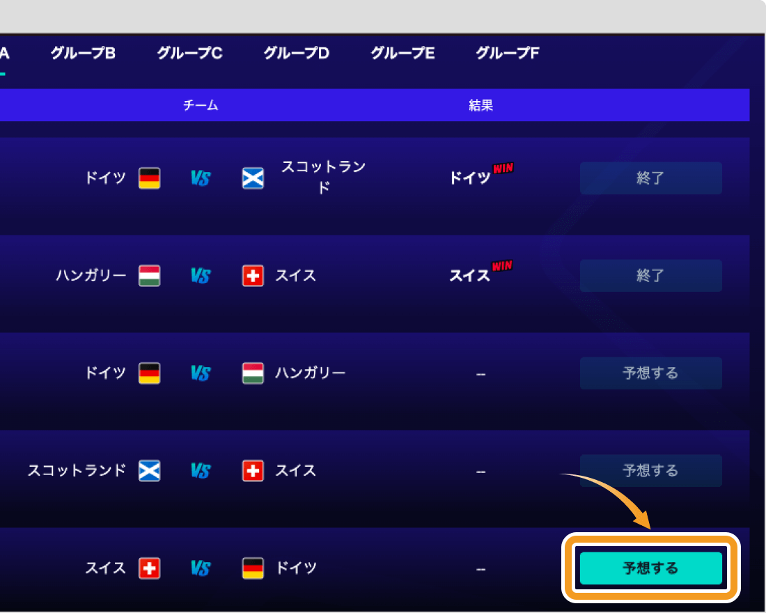EURO2024の試合結果の予想画面