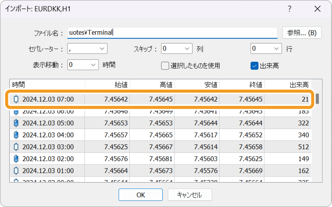 ヒストリカルデータのインポート画面