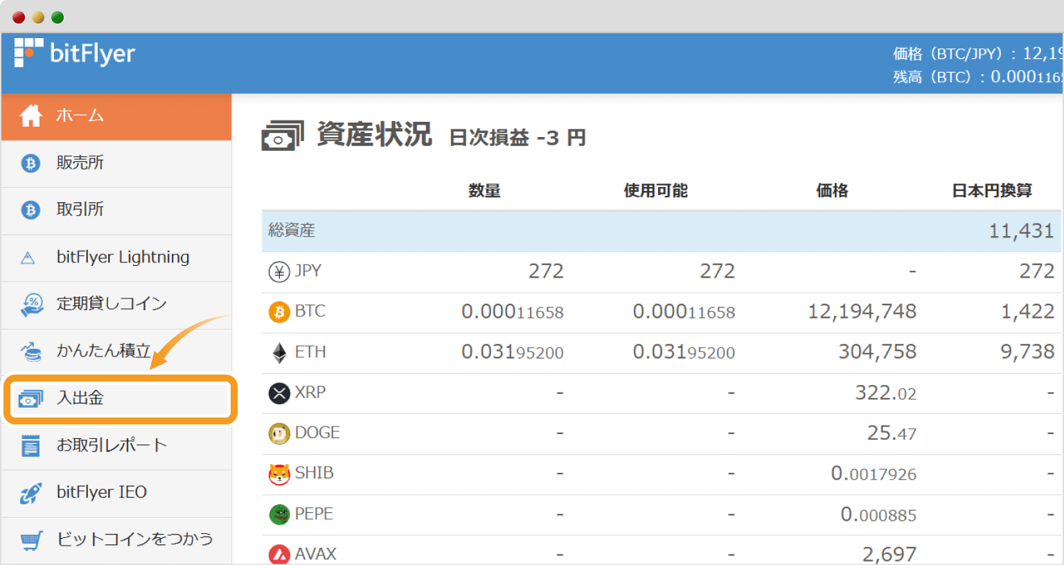 ビットフライヤーのトップ画面（PC）