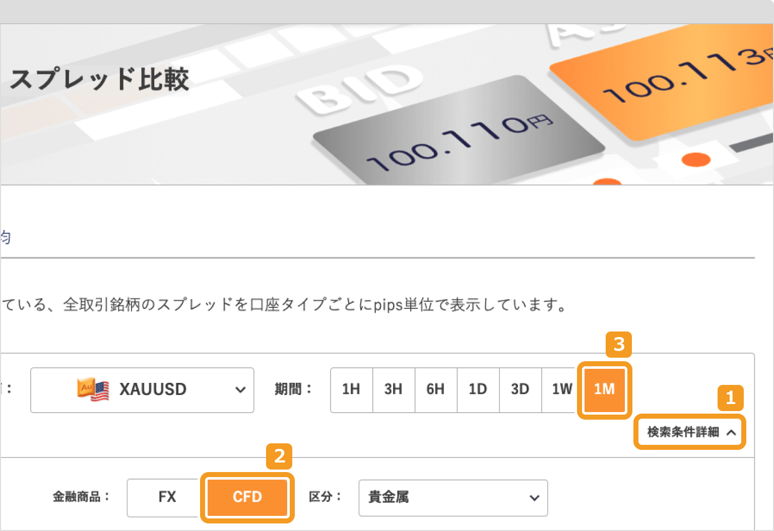 リアルタイム スプレッド比較の条件設定画面