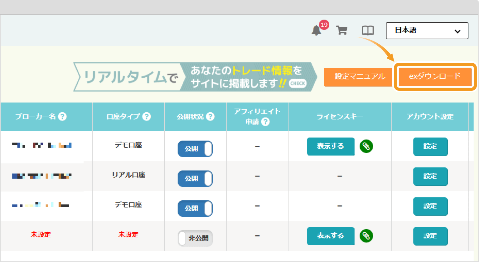 REAL TRADEの.ex4ファイルダウンロード画面