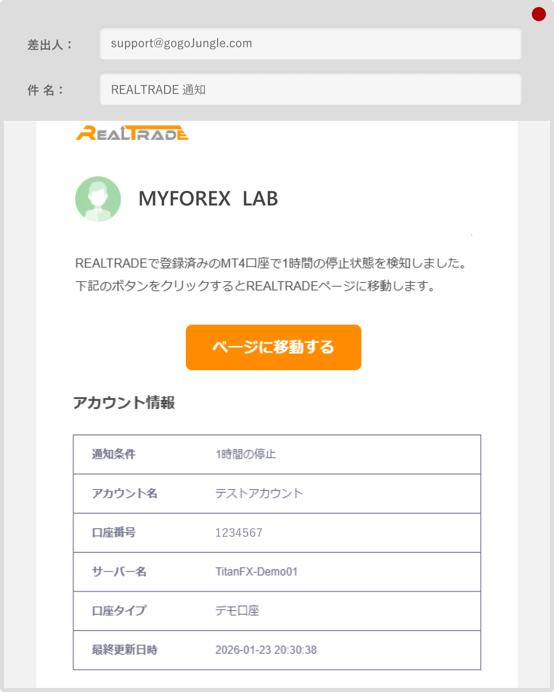 REAL TRADEの停止検知メール